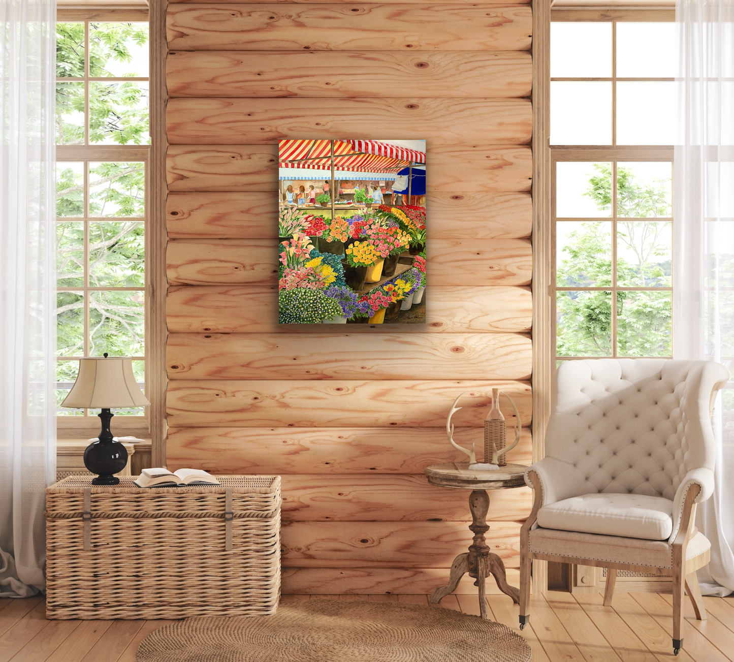 Dress up any room with wall art. Flower market looks amazing in this log style home.