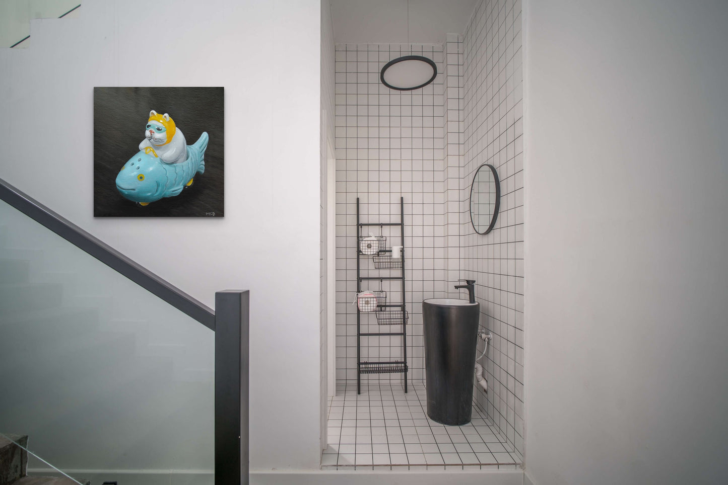 "Cat Drivin a Fish' is a fun piece that woiuld look great in a hallway, kitchen or bathroom. It will definitely invite comments from any new guests to your home.