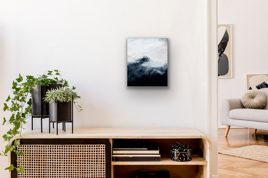 Misty Mountain abstract acrylic painting on a wood panel.