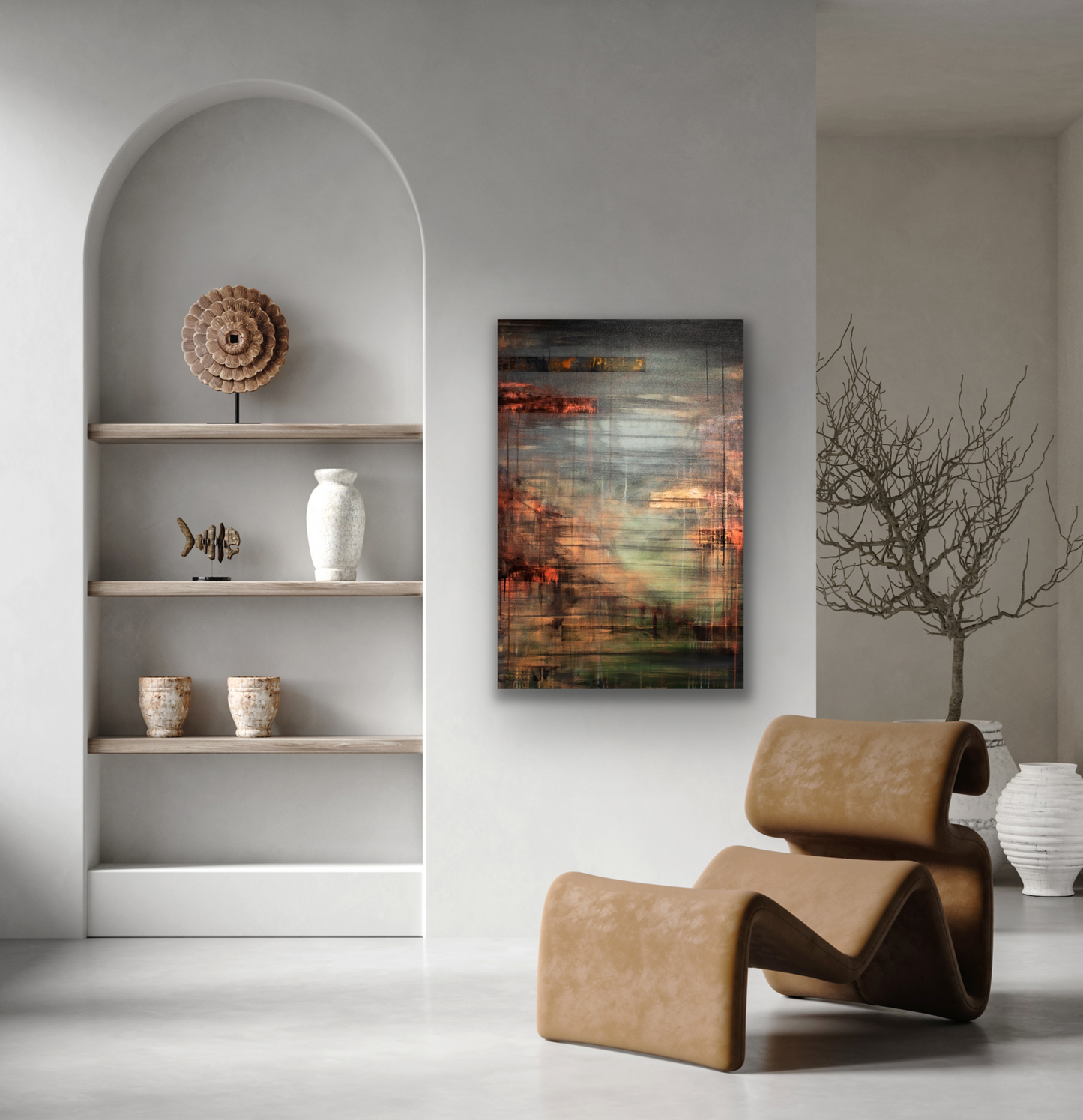 This abstract art piece is painted on a canvas 48 x 30. A large piece that will look best on its own wall.