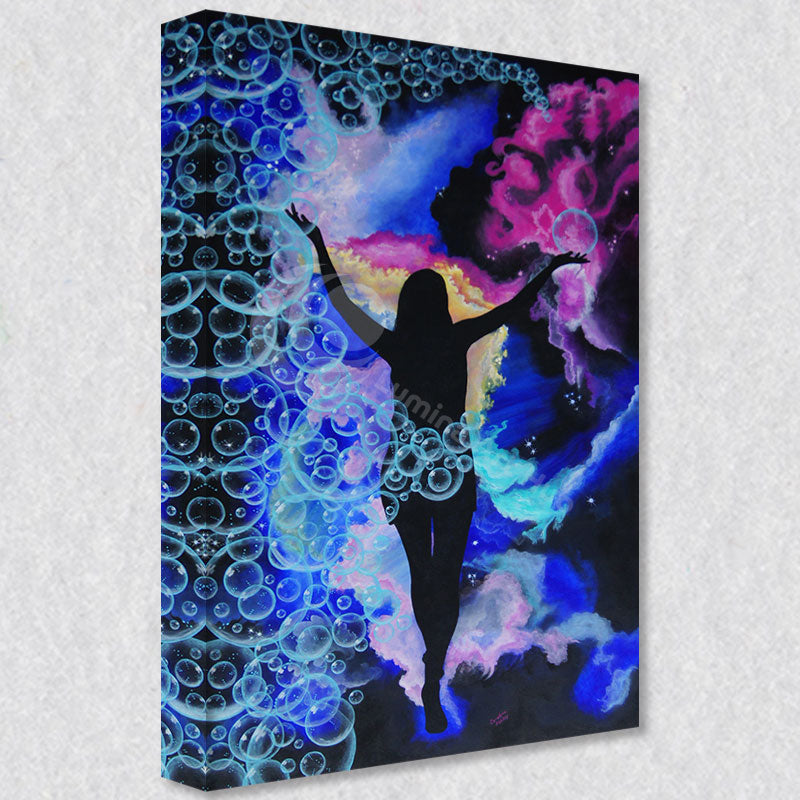 "Galactic Walk" comes as a gallery wrapped canvas print with a rich 1.5 inch thick wood frame. We use a moisture resistant poly-cotton canvas that will not sag and high quality inks that will last over 100 years.