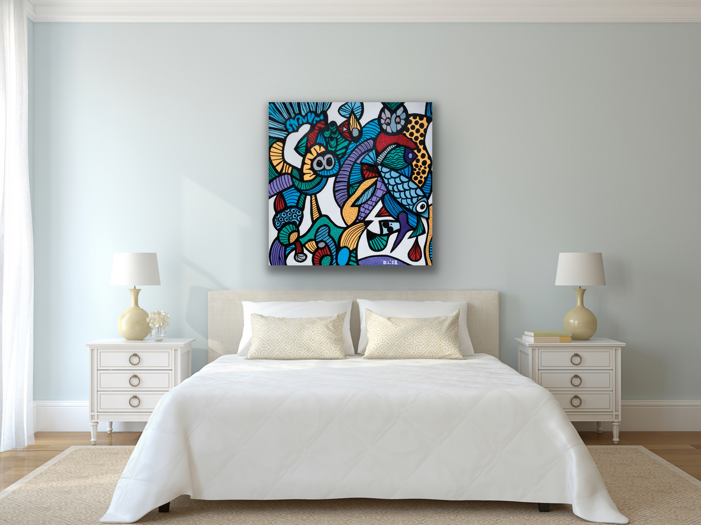 "Blue Fish Deep" painting is a fun ocean cartoon like scene.