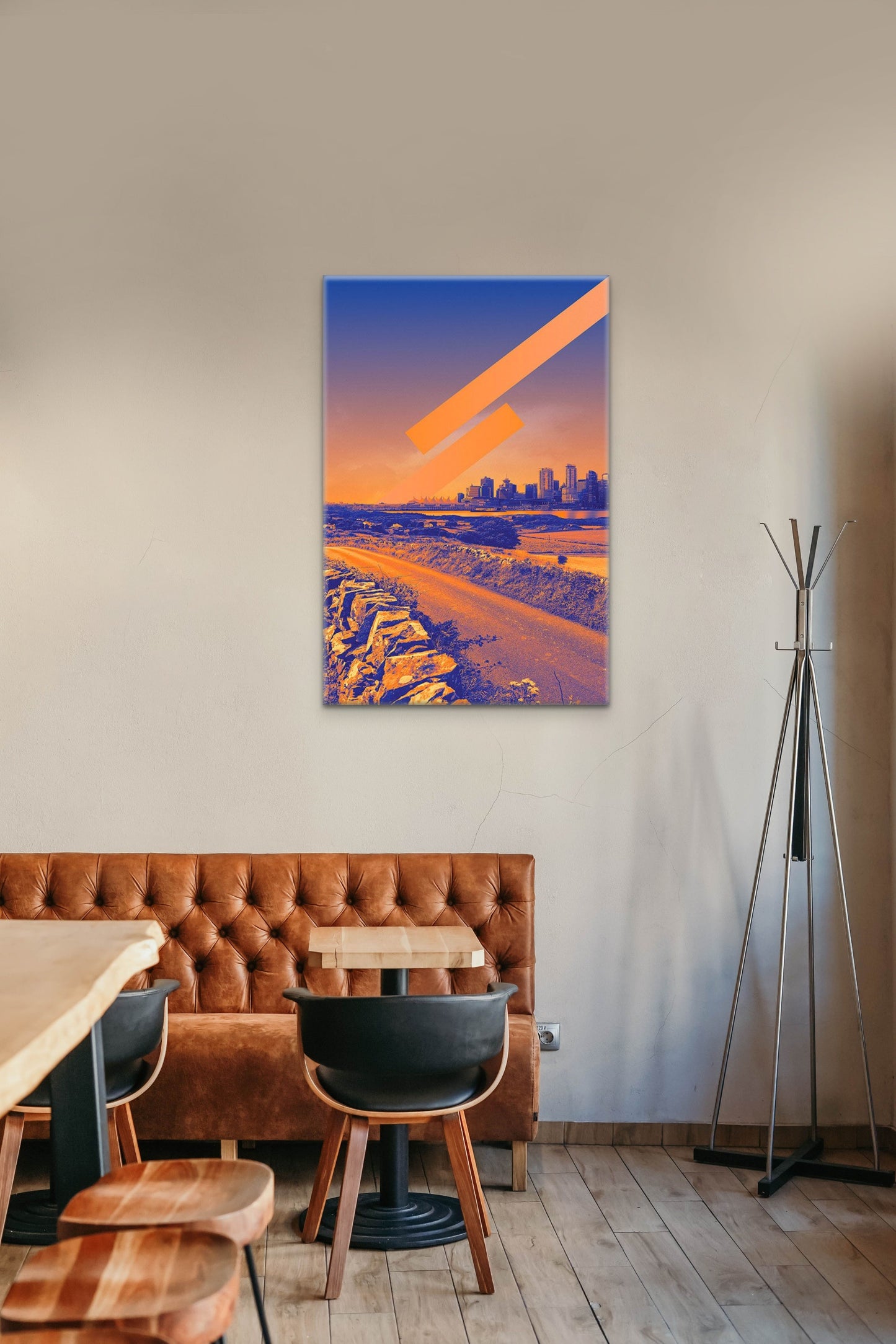 This canvas print work of art fuses downtown Vancouver with a Irish country road.