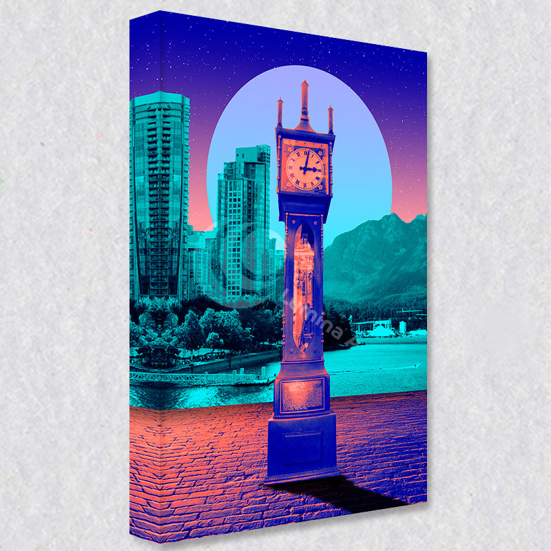 "Gastown Steam Clock" comes as a gallery wrapped canvas print with a rich 1.5 inch thick wood frame. We use a moisture resistant poly-cotton canvas that will not sag and high quality inks that will last over 100 years.