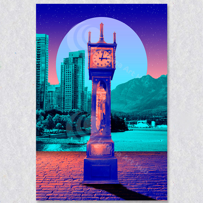 Gastown Steam Clock wall art was created by Irish Canadian Eddie Burke. Two colour versions available. Purple Green and Pink Blue.
