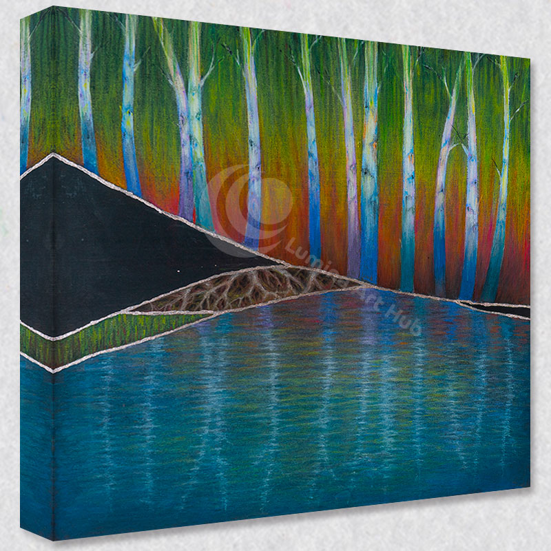 "Reflection" comes as a gallery wrapped canvas print with a rich 1.5 inch thick wood frame. We use a moisture resistant poly-cotton canvas that will not sag and high quality inks that will last over 100 years.