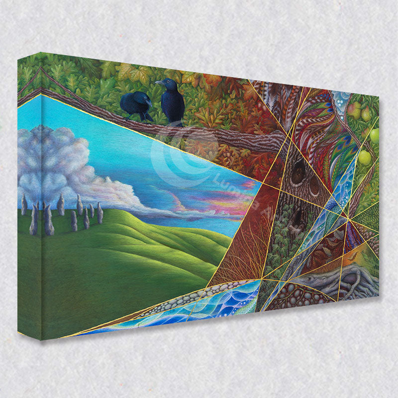 "Renunciation" comes as a gallery wrapped canvas print with a rich 1.5 inch thick wood frame. We use a moisture resistant poly-cotton canvas that will not sag and high quality inks that will last over 100 years.