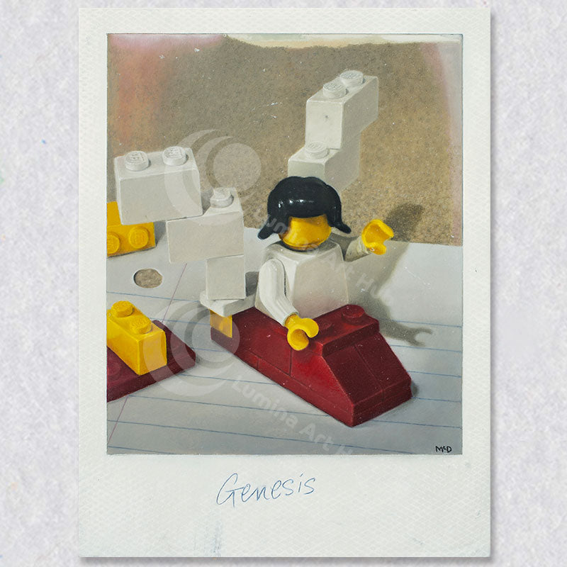 This is the first in a series of hyperrealist art works called ‘Developing’ and as such is a visual statement of my journey as a young person with art. Genesis, as you can imagine, represents the start which was just me as a very young child in England and a bucket of LEGO bricks. No instructions, just imagination.