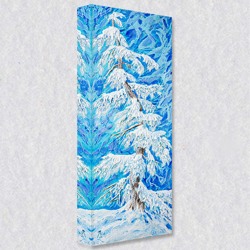"Frosty" comes as a gallery wrapped canvas print with a rich 1.5 inch thick wood frame. We use a moisture resistant poly-cotton canvas that will not sag and high quality inks that will last over 100 years.