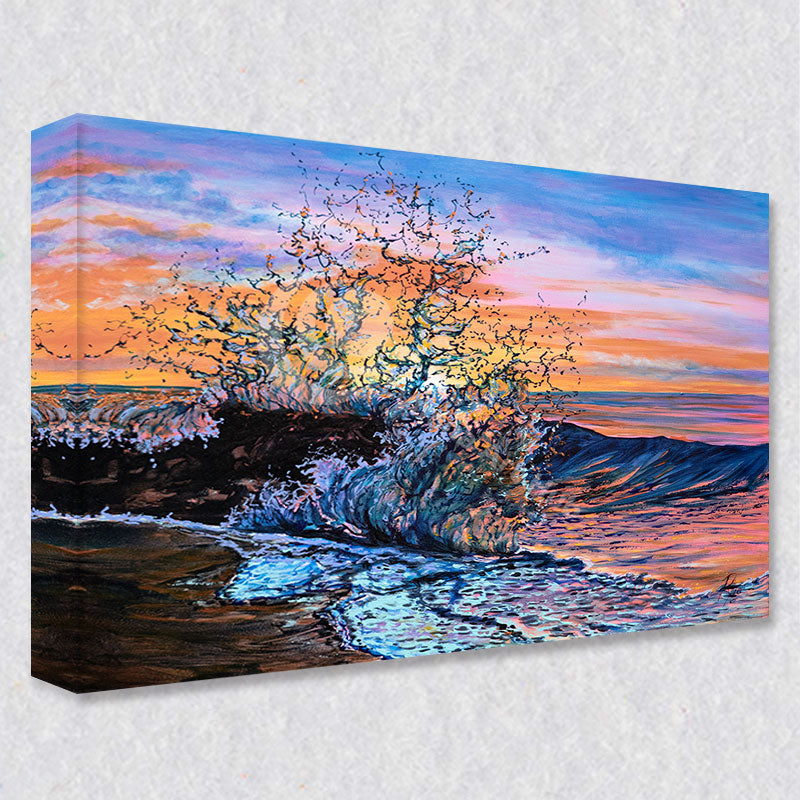 "Incoming" comes as a gallery wrapped canvas print with a rich 1.5 inch thick wood frame. We use a moisture resistant poly-cotton canvas that will not sag and high quality inks that will last over 100 years.