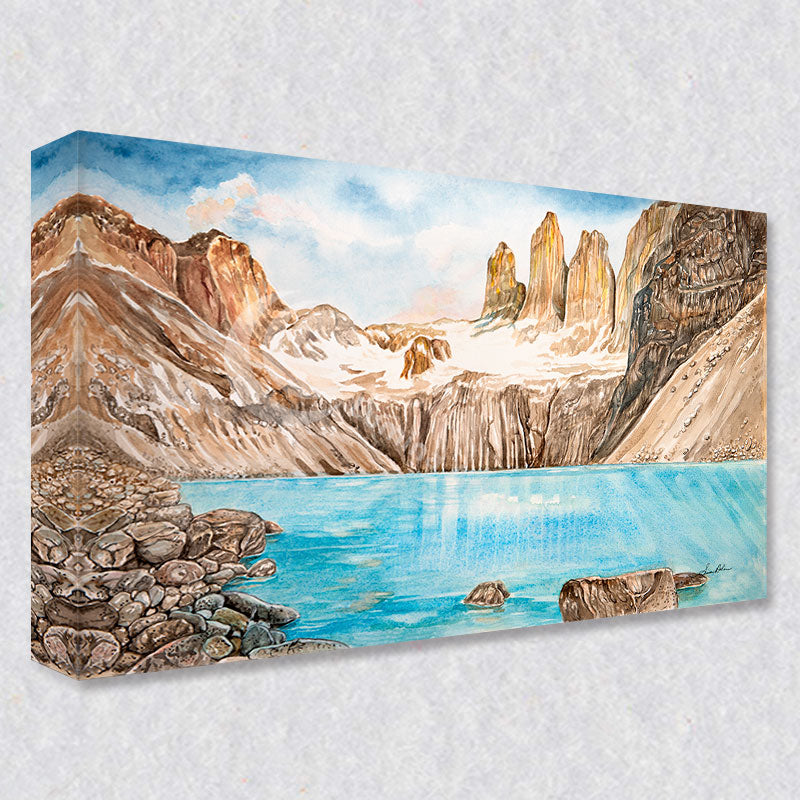 "Torres Peaks" comes as a gallery wrapped canvas print with a rich 1.5 inch thick wood frame. We use a moisture resistant poly-cotton canvas that will not sag and high quality inks that will last over 100 years.