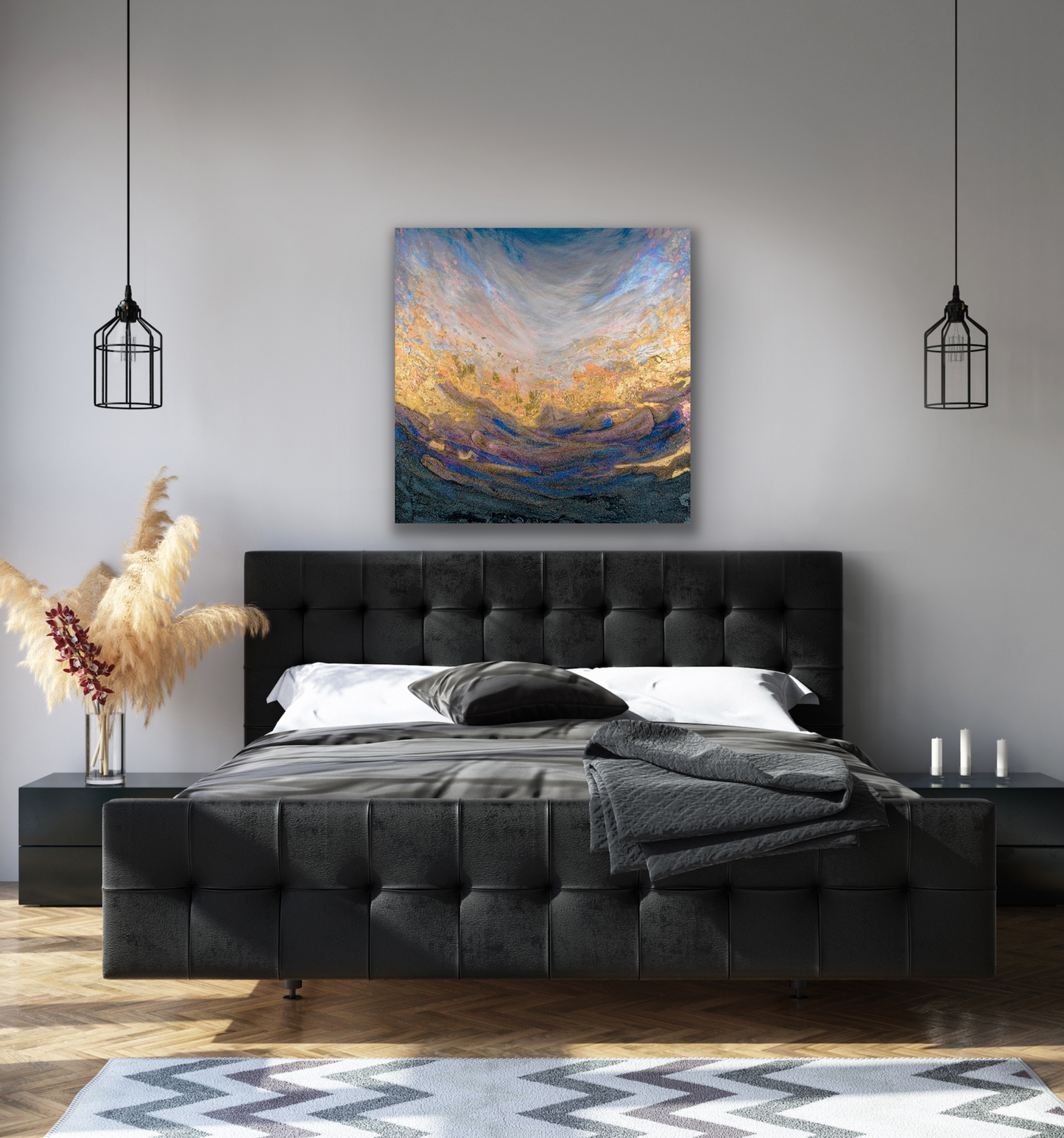 Consider Brazen in your bedroom or hallway. The range of colours in the painting allow for a wider range of matching to your room colours.