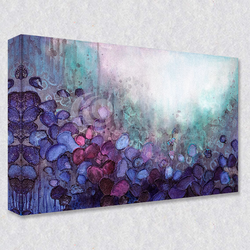 "Sea of Bloom" comes as a gallery wrapped canvas print with a rich 1.5 inch thick wood frame. We use a moisture resistant poly-cotton canvas that will not sag and high quality inks that will last over 100 years.