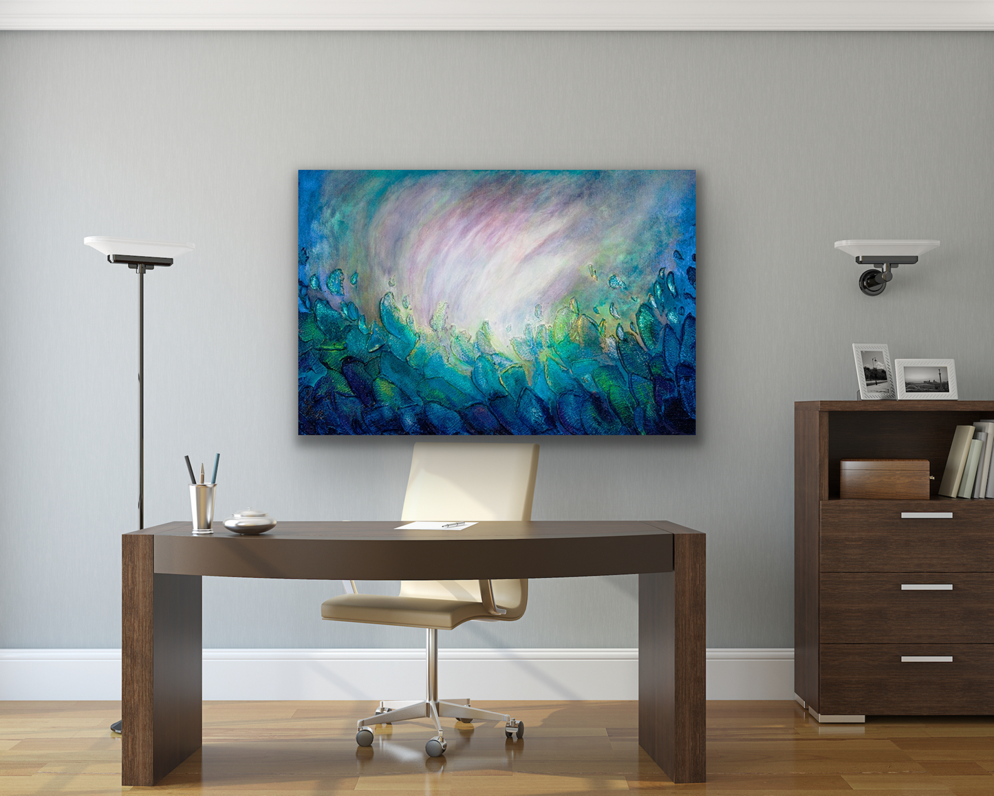 The abstract work of art will look great in your home office or your living room or dining room. What make this art piece special is all the colour and movement in the painting.