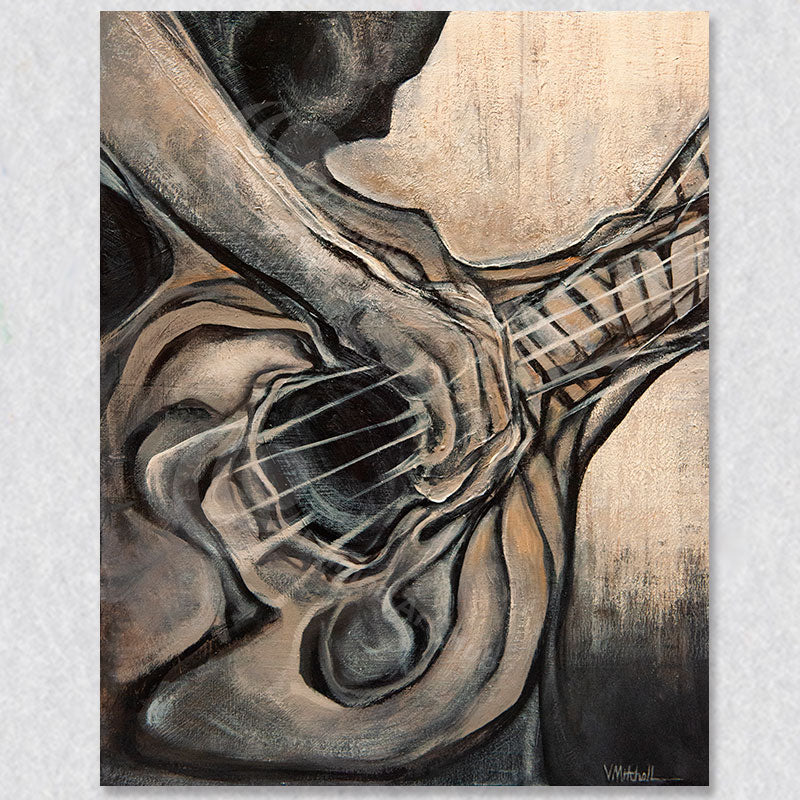 "Strum" wall art of an earthly guitar player was created by Vancouver artist Victoria Mitchell.