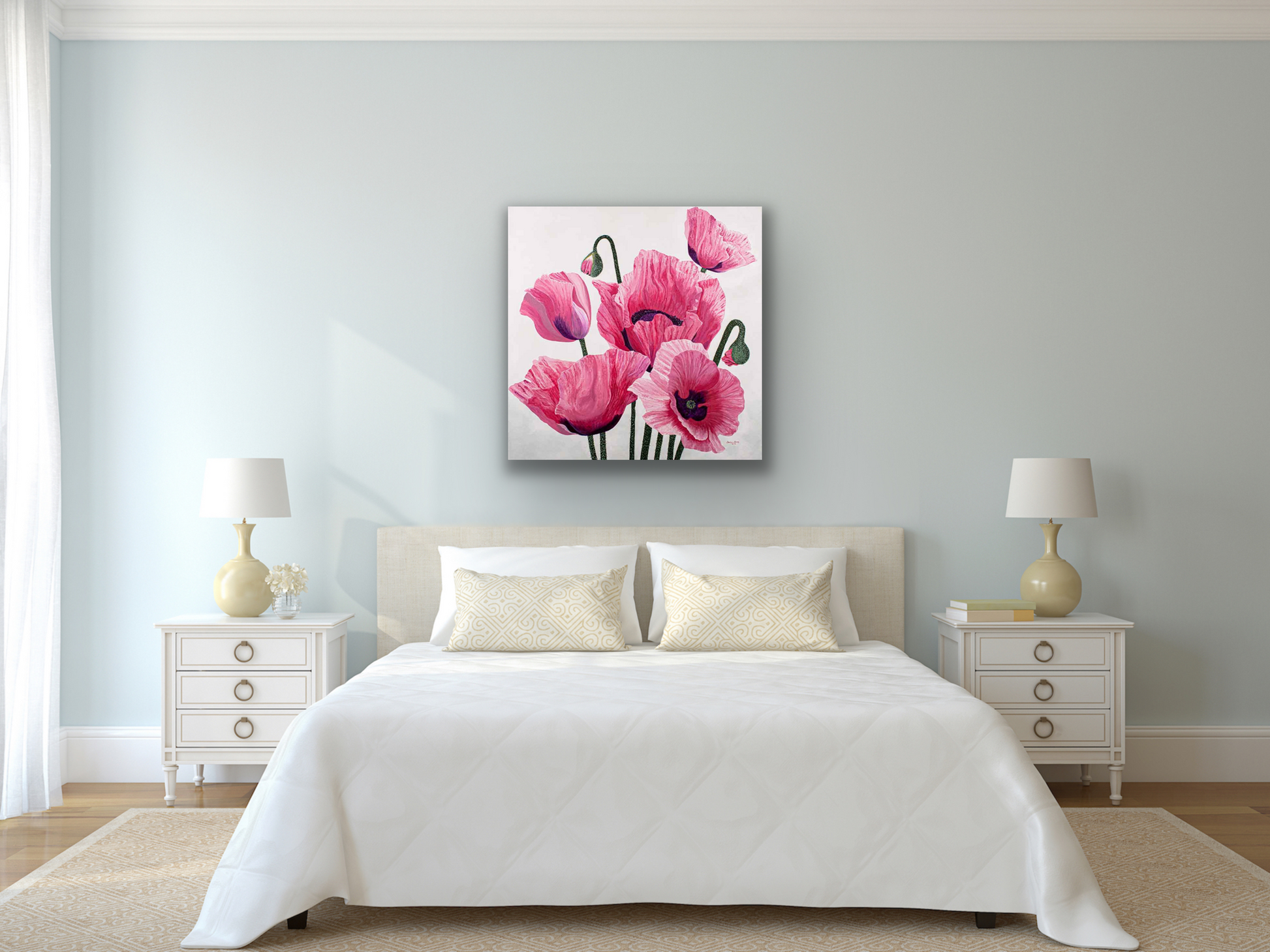 The pink work of art really looks stands out in a relaxing soothing way and would look amazing in a bedroom, dining room and living room.