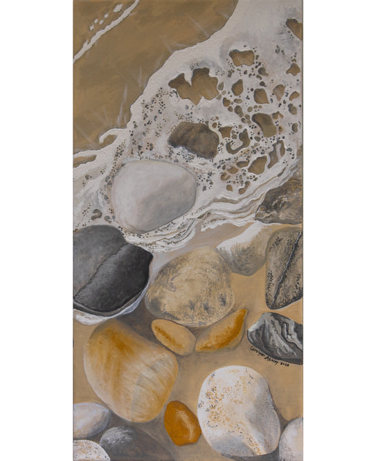 River Whispers original acrylic painting by Canadian artist Carolynn Ashley featuring smooth river rocks and flowing water in soft earth tones.