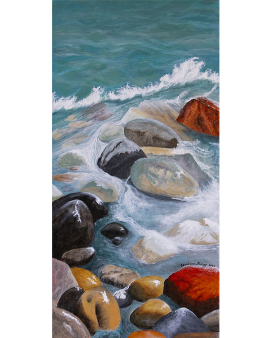 iver Jewels original acrylic painting by Canadian artist Carolynn Ashley featuring colourful water-worn rocks in a flowing blue-green riverbed.