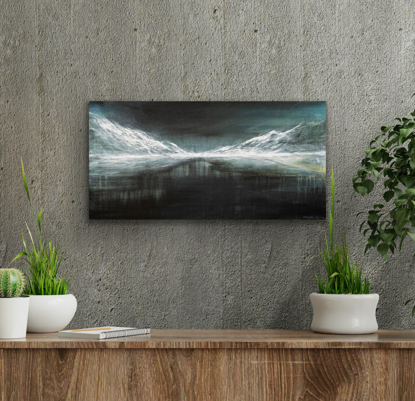 "Edith" is an abstract acrylic painting of a wintery mountain and lake scene.