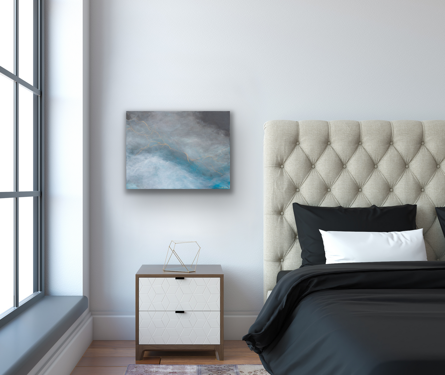 This colourful abstract art piece has a colour palette of blue, white, grey and a little gold.  THe range of clours will allow you to more easily match to the decor within your chosen room of placement.