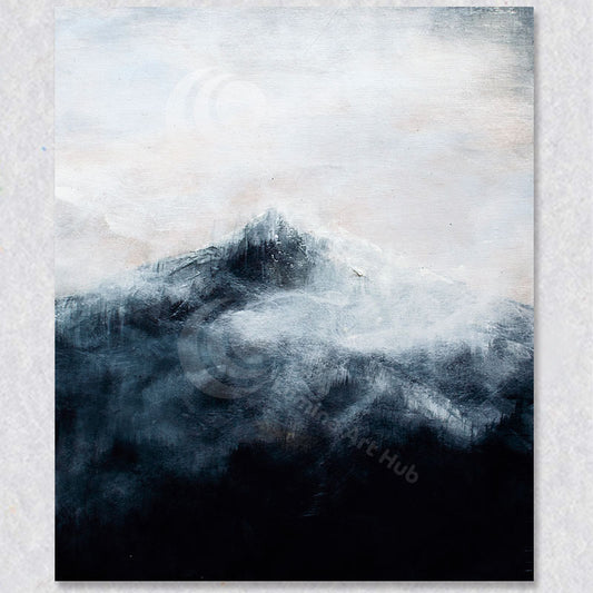 Misty Mountain wall art was created by Canadian artist Colette Tan. The art works colour palette includes white, blue and hints of yellow.