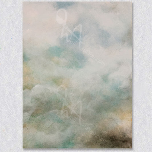 Moody Cloud abstract wall art by Collette Tan is a work of art with a colour palette that includes blue, white, green and yellow.