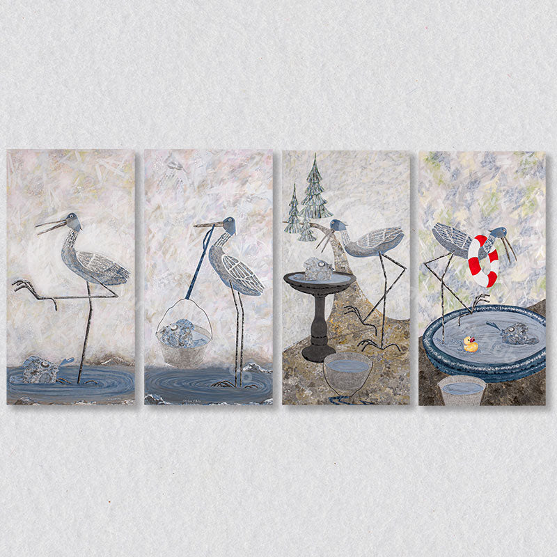 This set of four paintings follows the unlikely adventures of a Heron and a Blow Fish called Squeak and Bubble. These original works are by Kelowna artist Carolynn Ashley.