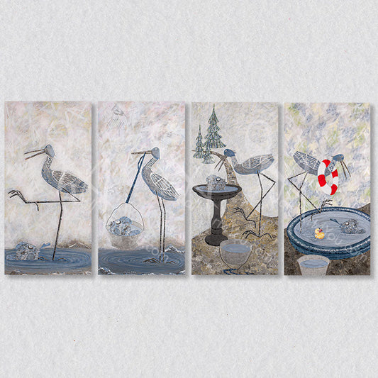 This set of four paintings follows the unlikely adventures of a Heron and a Blow Fish called Squeak and Bubble. These original works are by Kelowna artist Carolynn Ashley.