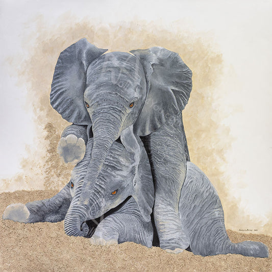 Tumbling Trunks original mixed media elephant painting by Canadian artist Carolynn Ashley, 36 x 36 inches, featuring two playful African elephants.