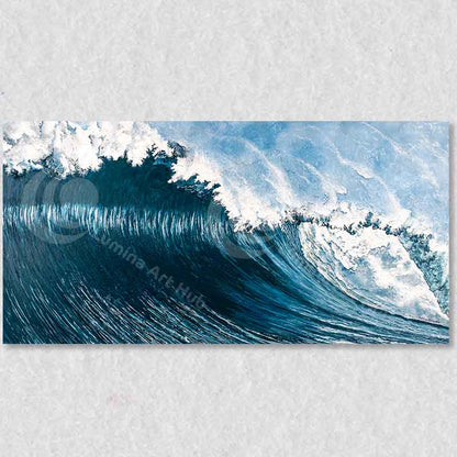 "Force" original painting depicts a powerful blue and white wave just before it crashes onto a beach.