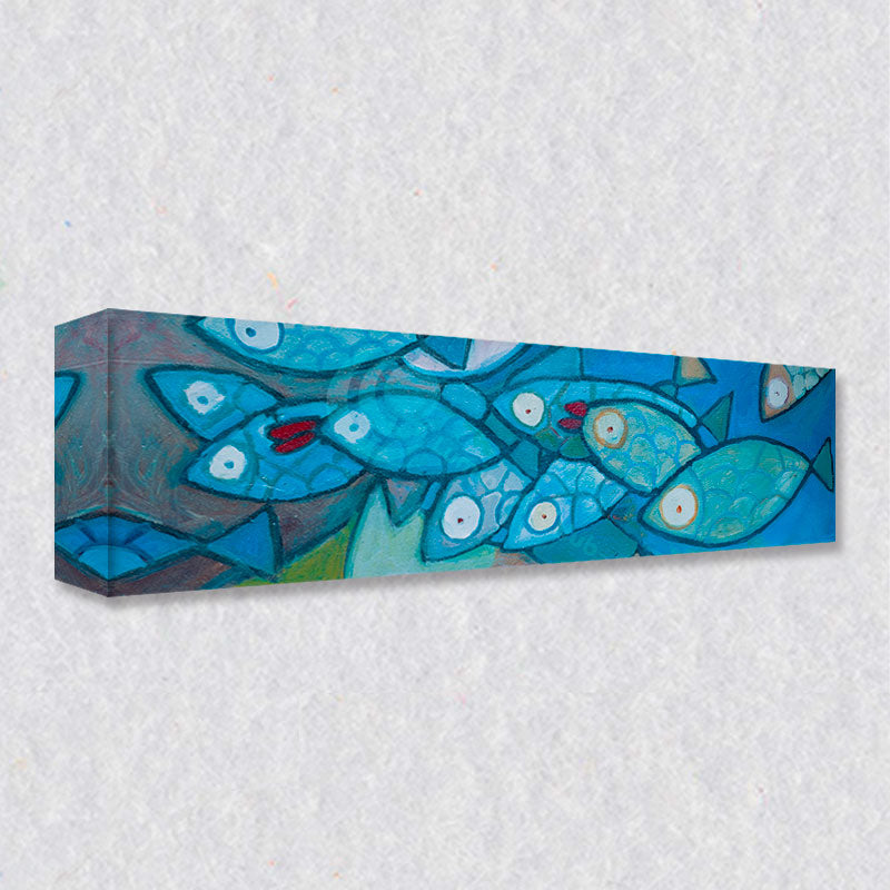 "Ten Little Fish" comes as a gallery wrapped canvas print with a rich 1.5 inch thick wood frame. We use a moisture resistant poly-cotton canvas that will not sag and high quality inks that will last over 100 years.