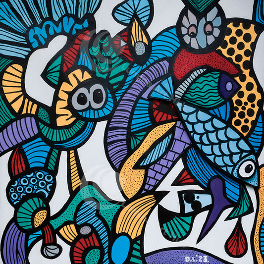 "Blue Fish Deep" wall art by David Laird will look great in your hallway or den.  The artwork is a fun scene of sea creatures and plants.