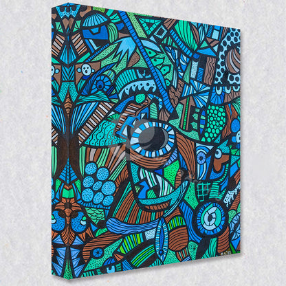 "Eye in the Pie" comes as a gallery wrapped canvas print with a rich 1.5 inch thick wood frame. We use a moisture resistant poly-cotton canvas that will not sag and high quality inks that will last over 100 years.