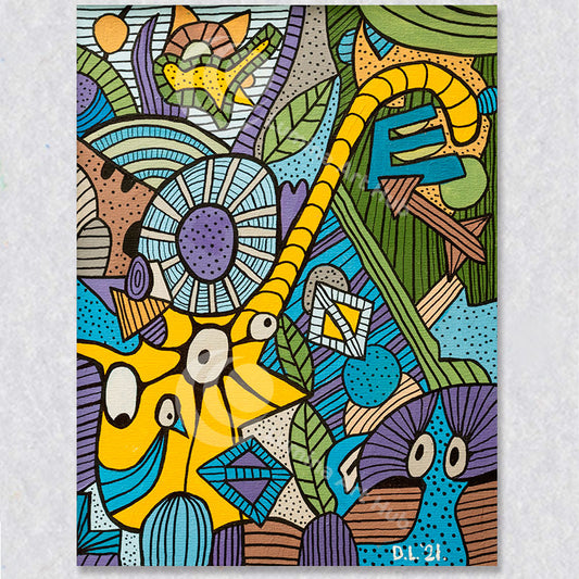 "Mini Cat" wall art by David Laird has a blast of yellows, blues, browns and purples.