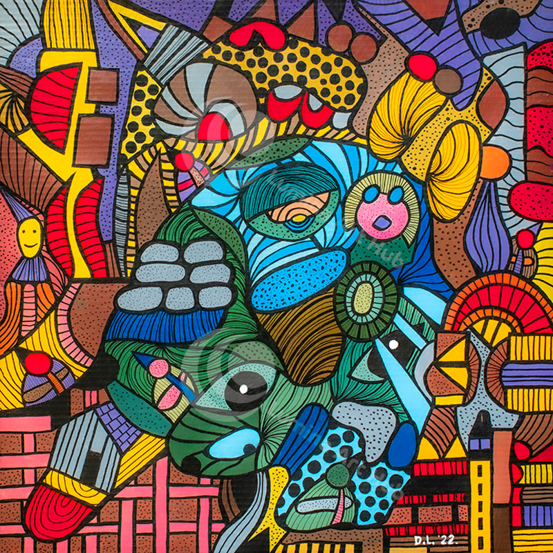 "Nagasaki Blues" wall art explores a Japanese theme in it's characters and colours.