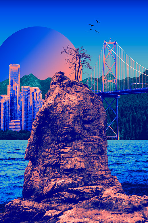 Rocky outcrop with a city skyline