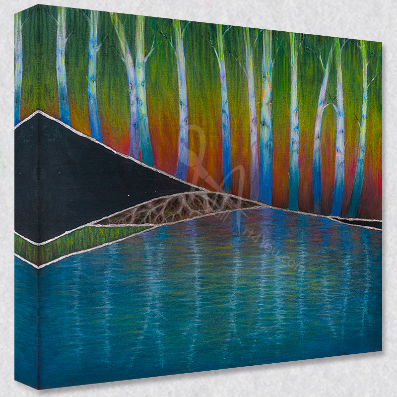 "Reflection" comes as a gallery wrapped canvas print with a rich 1.5 inch thick wood frame. We use a moisture resistant poly-cotton canvas that will not sag and high quality inks that will last over 100 years.