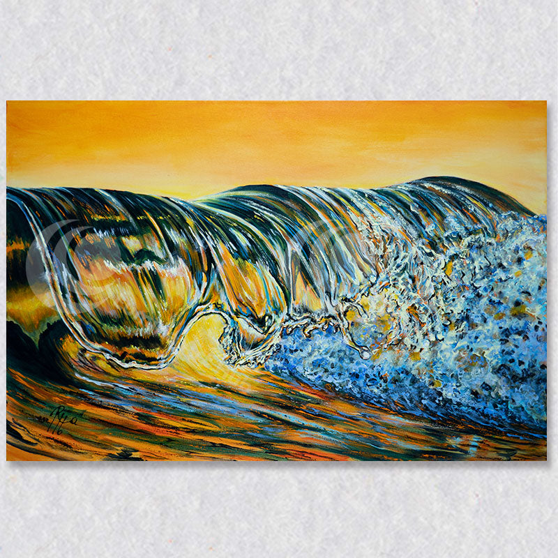 "Bigger is Better" wall art captures a large wave cresting caught by the yellow orange sunset.