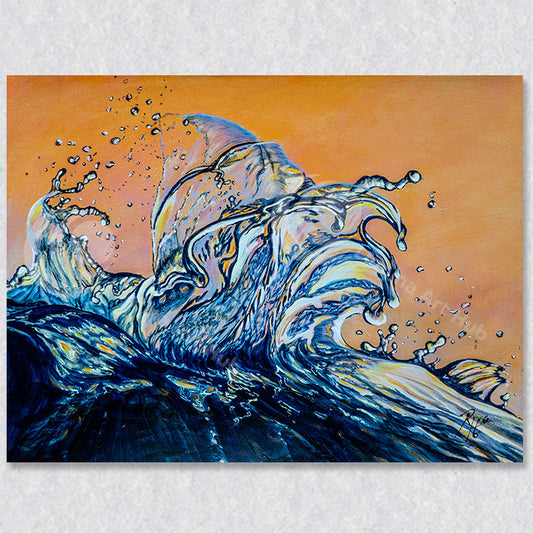 "Blown Glass" depicts a wave reaching into the sunset.  Brilliant hues of blue and orange.