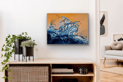 "Original painting a blue glass wave reaching into an orange sunset sky.