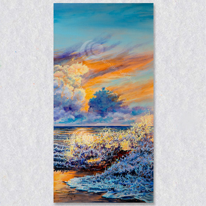 "Coming and Going" wall art depicts waves crashing on a beach with interesting cloud formations.