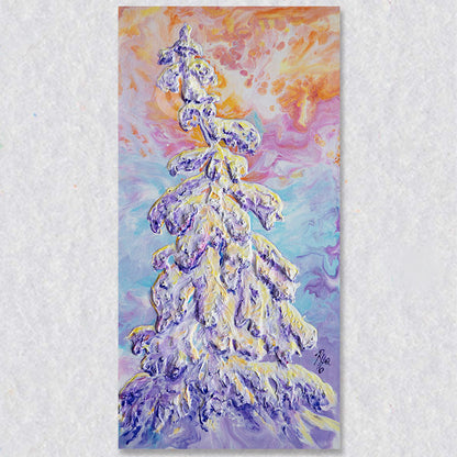 "Encased" wall art captures a heavy snow covered tree with an orange