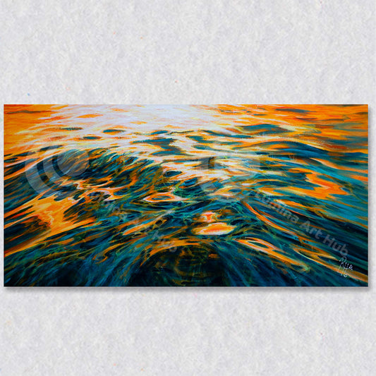 "Evening Fire" wall art captures the evening lights hitting the waves in an ever changing masterpiece of light and movement.