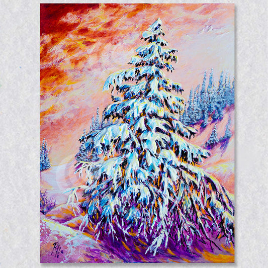 "Standing Alone" wall art is of a snow covered tree on an icy hill with a dramatic red and orange sky.