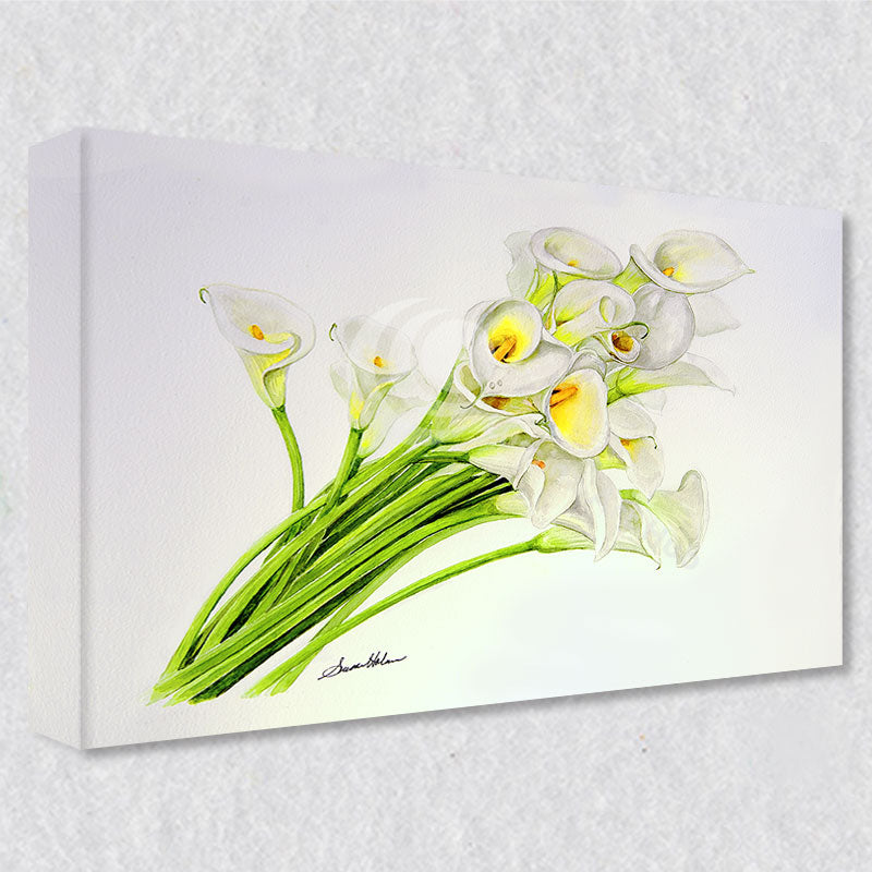 "Calla Lilies" comes as a gallery wrapped canvas print with a rich 1.5 inch thick wood frame. We use a moisture resistant poly-cotton canvas that will not sag and high quality inks that will last over 100 years.