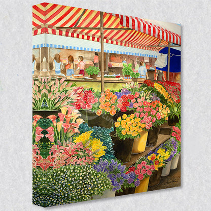 "Flower Market" comes as a gallery wrapped canvas print with a rich 1.5 inch thick wood frame. We use a moisture resistant poly-cotton canvas that will not sag and high quality inks that will last over 100 years.