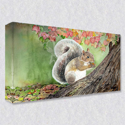 "Going Nuts" comes as a gallery wrapped canvas print with a rich 1.5 inch thick wood frame. We use a moisture resistant poly-cotton canvas that will not sag and high quality inks that will last over 100 years.