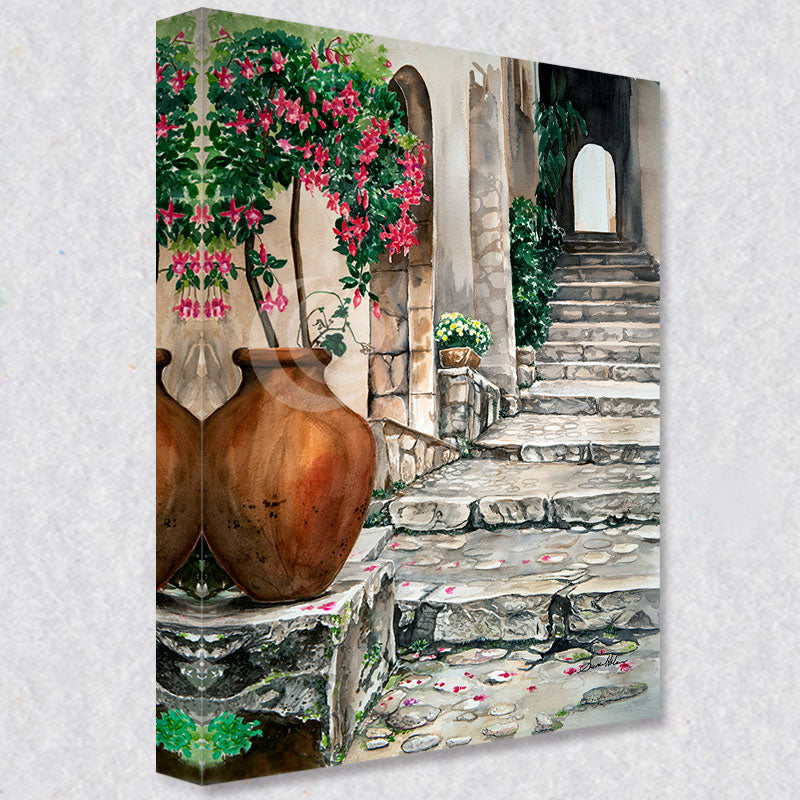 "Planter by the Staircase " comes as a gallery wrapped canvas print with a rich 1.5 inch thick wood frame. We use a moisture resistant poly-cotton canvas that will not sag and high quality inks that will last over 100 years.