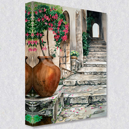 "Planter by the Staircase " comes as a gallery wrapped canvas print with a rich 1.5 inch thick wood frame. We use a moisture resistant poly-cotton canvas that will not sag and high quality inks that will last over 100 years.