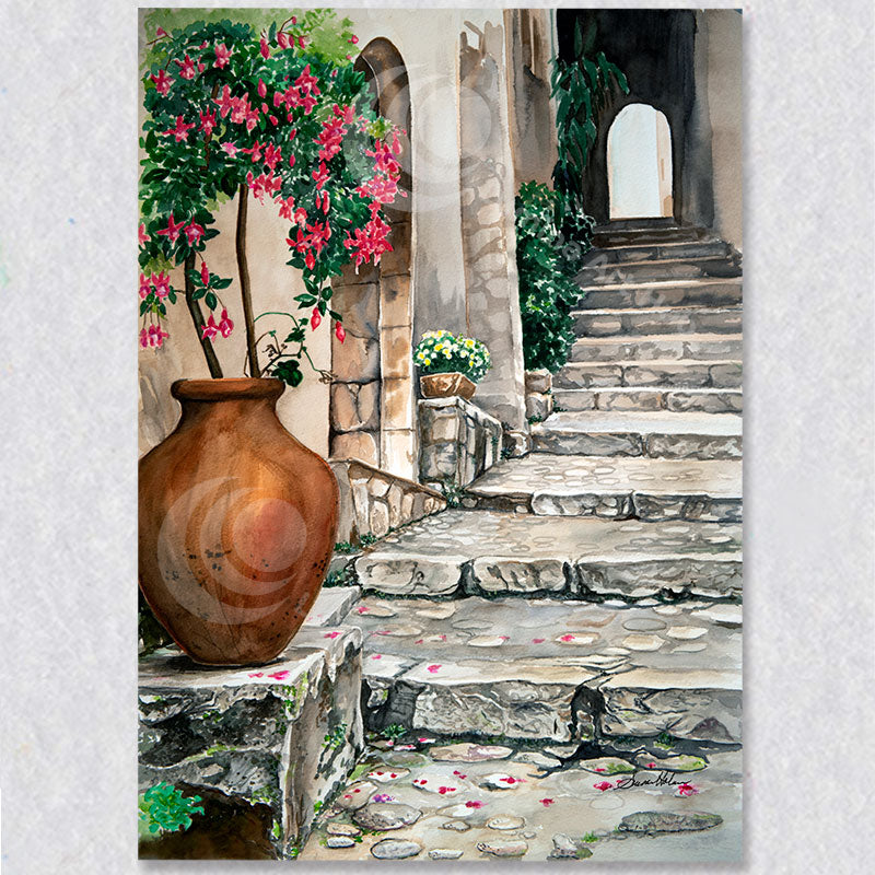 "Planter by the Staircase" captures a medieval town on the Mediterranean by artist Susan Holmes.